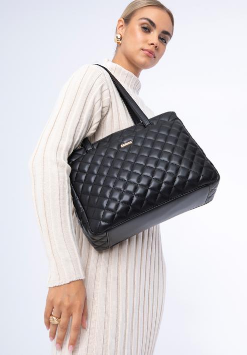 Dvoukomorová prošívaná dámská kabelka z ekologické kůže, černá, 97-4Y-617-9, Obrázek 15