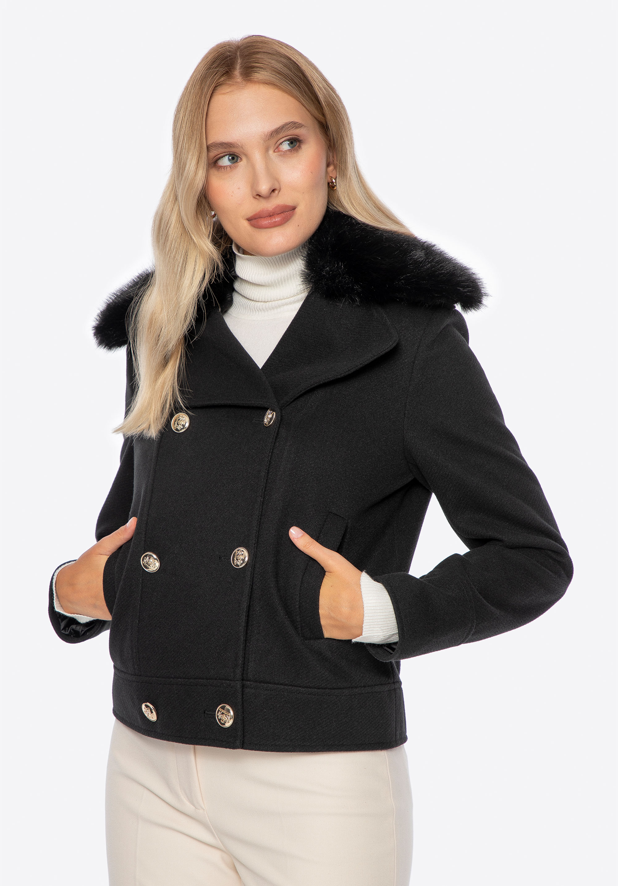 Dvouřadé sako s odnímatelnou umělou kožešinou, černá, 101-9X-303-1-XL, Obrázek 1