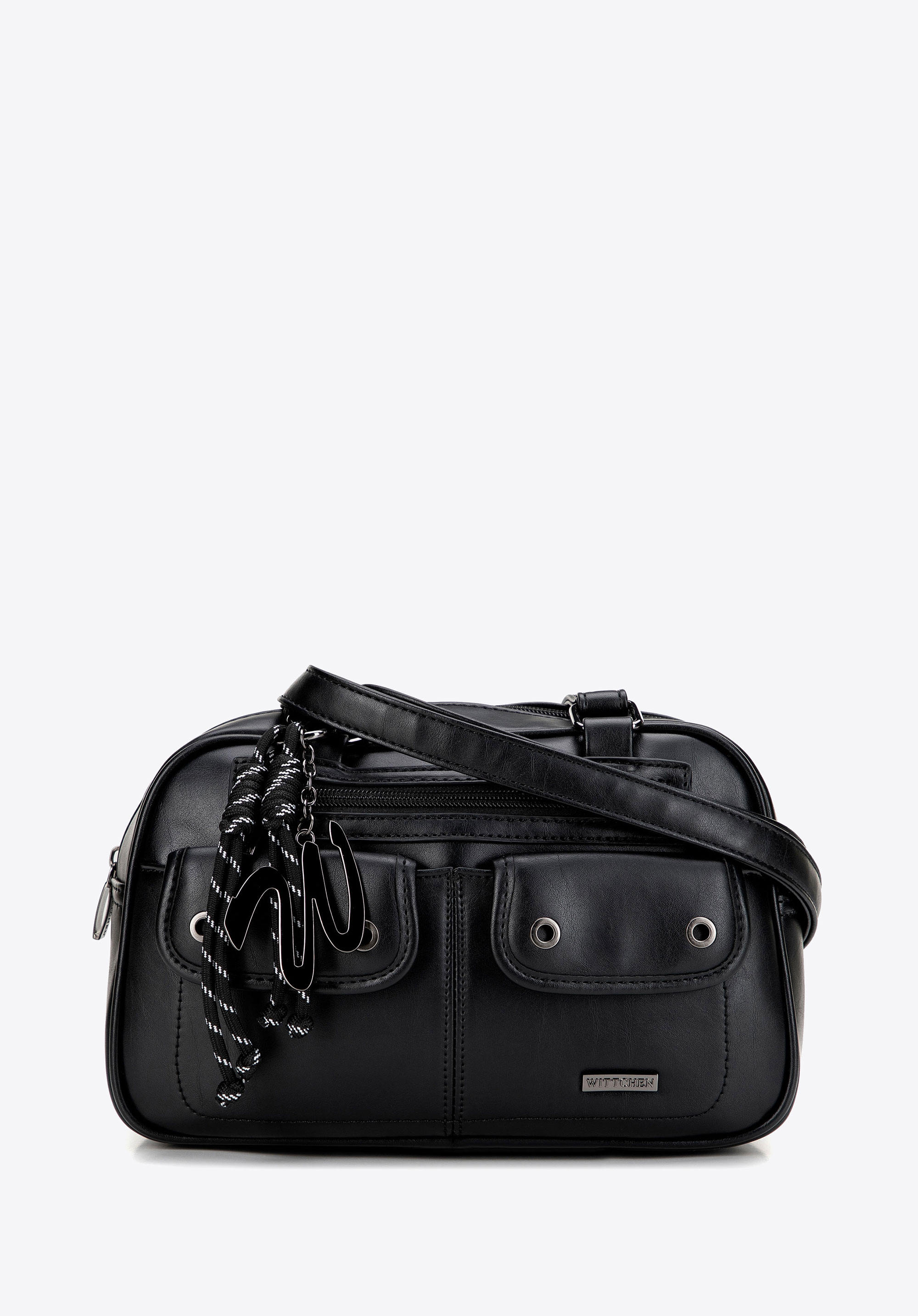 Kabelka přes rameno s umělou kůží a kapsami, černá, 101-4Y-407-1, Obrázek 1