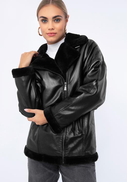 Kožená dámská bunda s ekologickou kožešinou, černá, 97-09-800-1-M, Obrázek 2