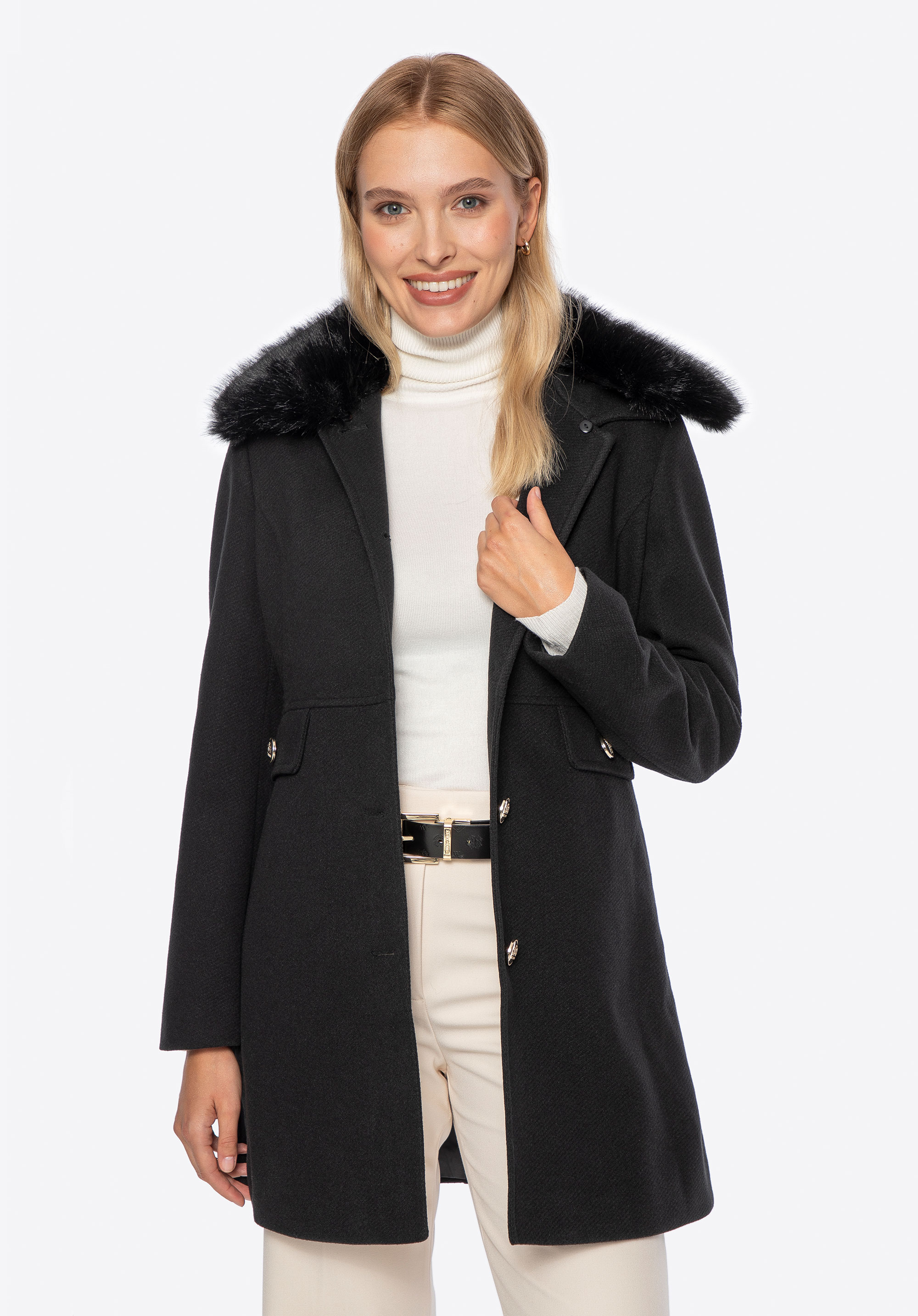 Krátký dámský kabát s kožešinovým límcem, černá, 101-9X-302-1-M, Obrázek 1