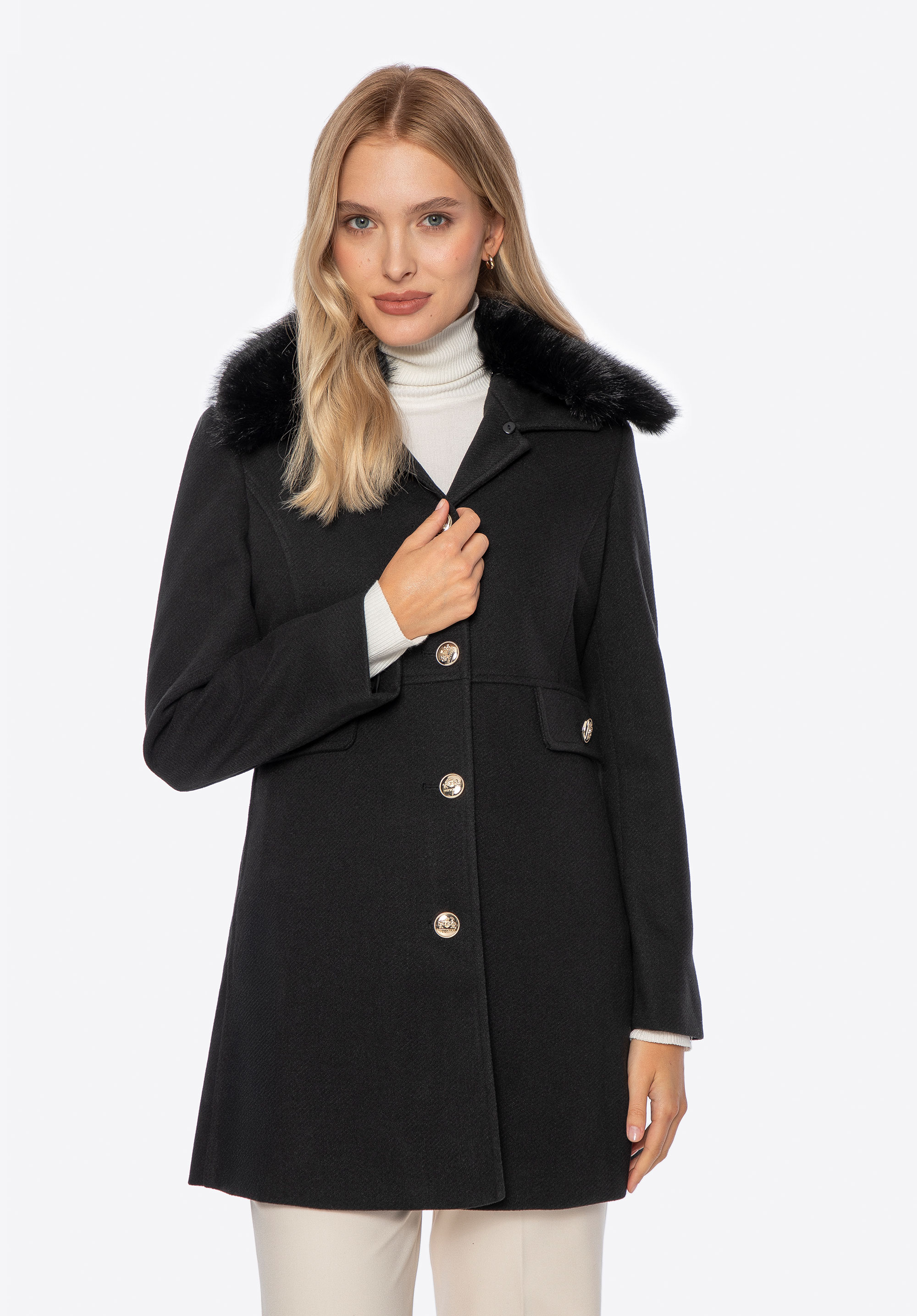 Krátký dámský kabát s kožešinovým límcem, černá, 101-9X-302-1-M, Obrázek 1