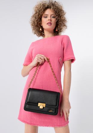 Malá dámská kožená kabelka s ozdobným řetízkem, černá, 98-4E-213-1, Obrázek 1