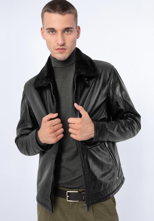 Pánská kožená bunda podšitá ekologickou kožešinou, černá, 97-09-857-5-L, Obrázek 1