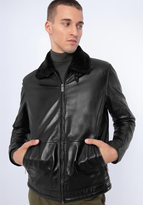 Pánská kožená bunda podšitá ekologickou kožešinou, černá, 97-09-857-5-S, Obrázek 2