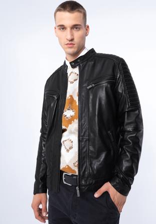 Pánská kožená bunda se stojáčkem na knoflíky a prošíváním, černá, 97-09-850-1-M, Obrázek 1