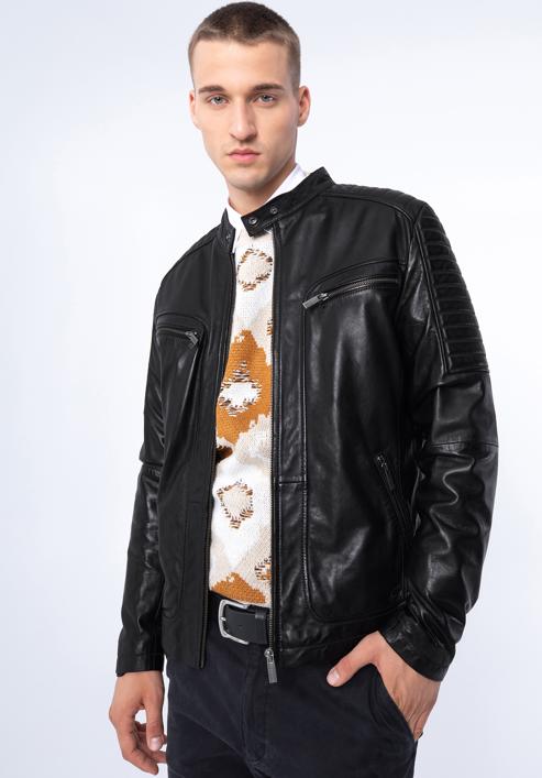 Pánská kožená bunda se stojáčkem na knoflíky a prošíváním, černá, 97-09-850-5-S, Obrázek 1