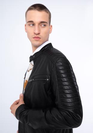 Pánská kožená bunda se stojáčkem na knoflíky a prošíváním, černá, 97-09-850-1-M, Obrázek 1