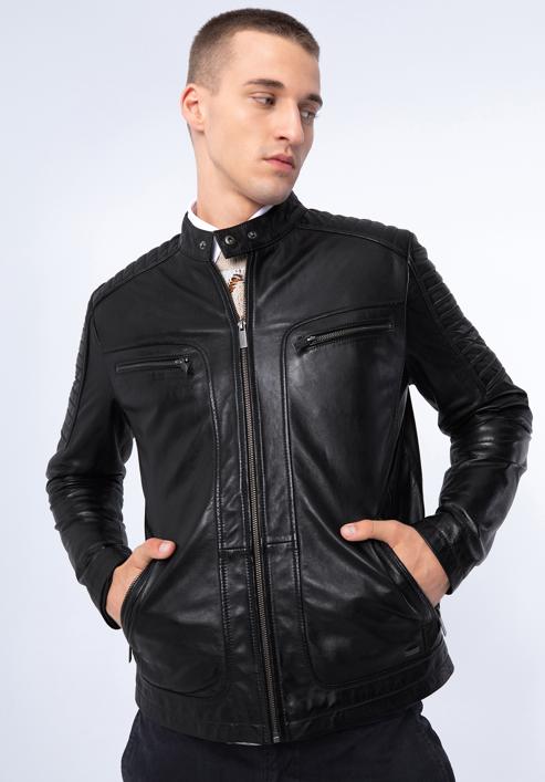 Pánská kožená bunda se stojáčkem na knoflíky a prošíváním, černá, 97-09-850-5-XL, Obrázek 17