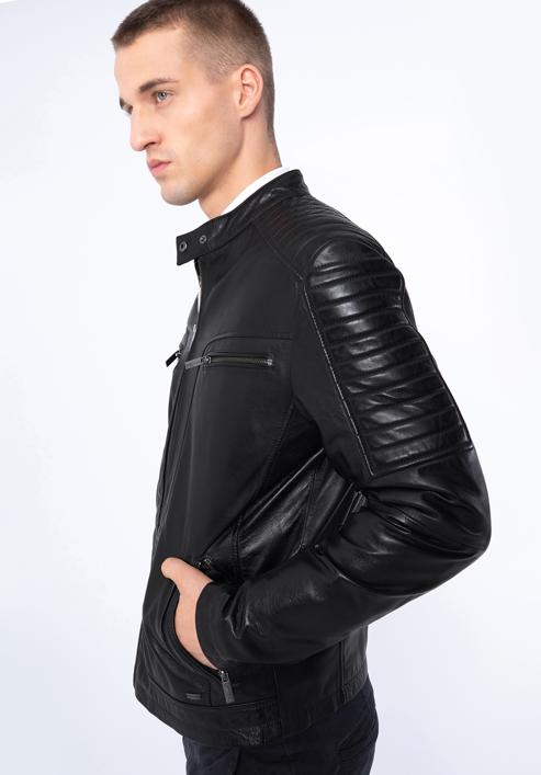 Pánská kožená bunda se stojáčkem na knoflíky a prošíváním, černá, 97-09-850-1-3XL, Obrázek 19