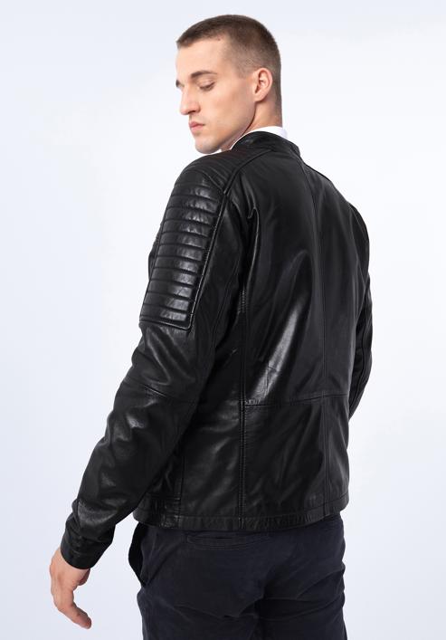 Pánská kožená bunda se stojáčkem na knoflíky a prošíváním, černá, 97-09-850-5-XL, Obrázek 20