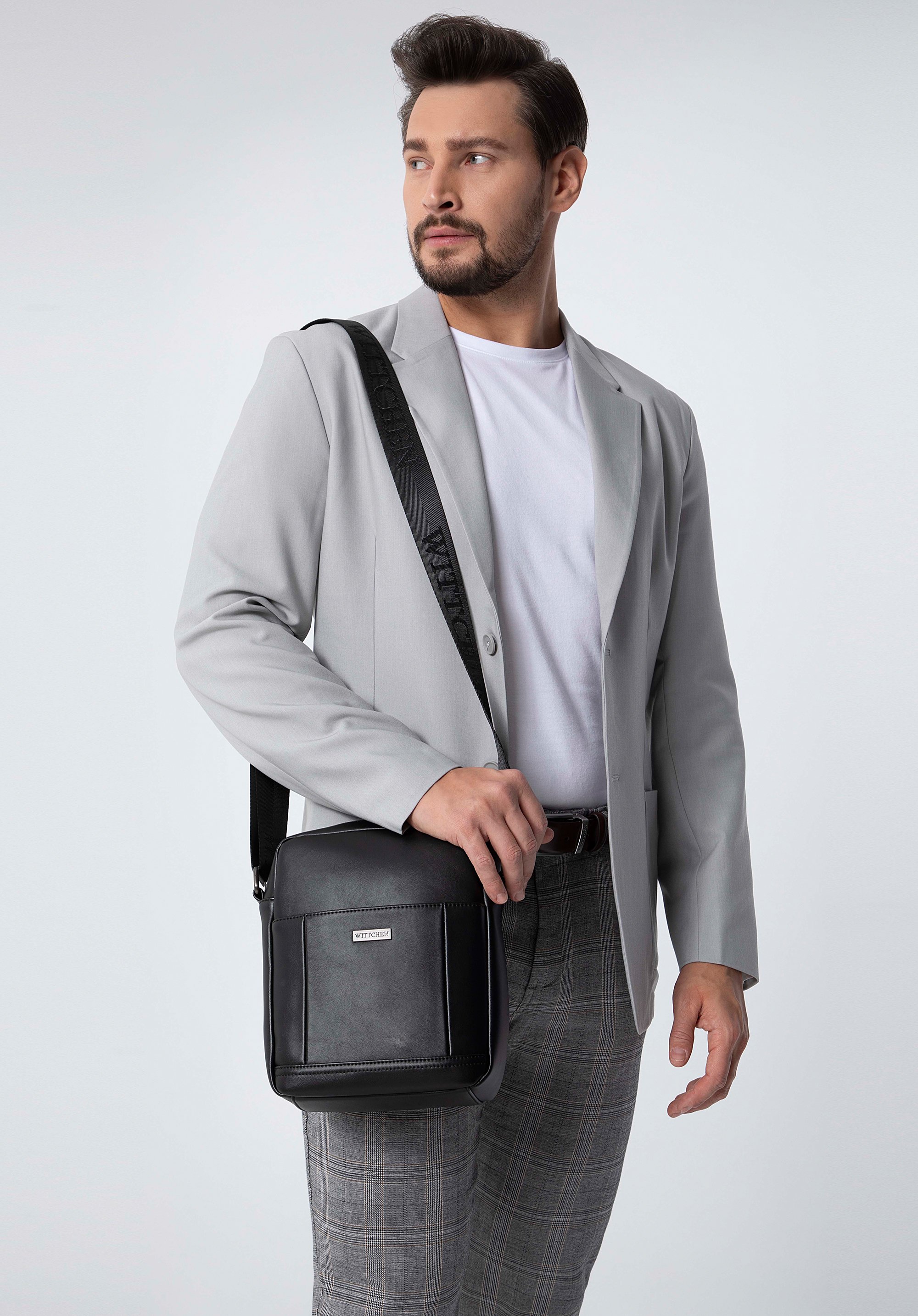 Pánská taška z ekologické kůže s lemovanou přední kapsou, černá, 98-4P-513-1, Obrázek 1