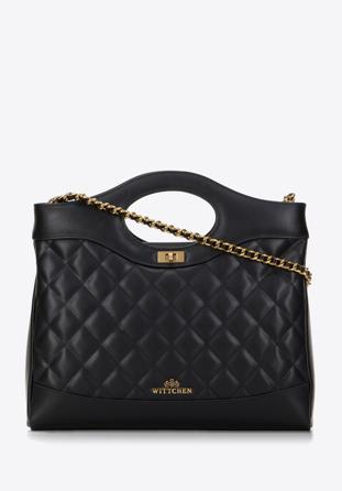 Prošívaná kožená dámská kabelka s řetízkem, černá, 98-4E-210-1, Obrázek 1
