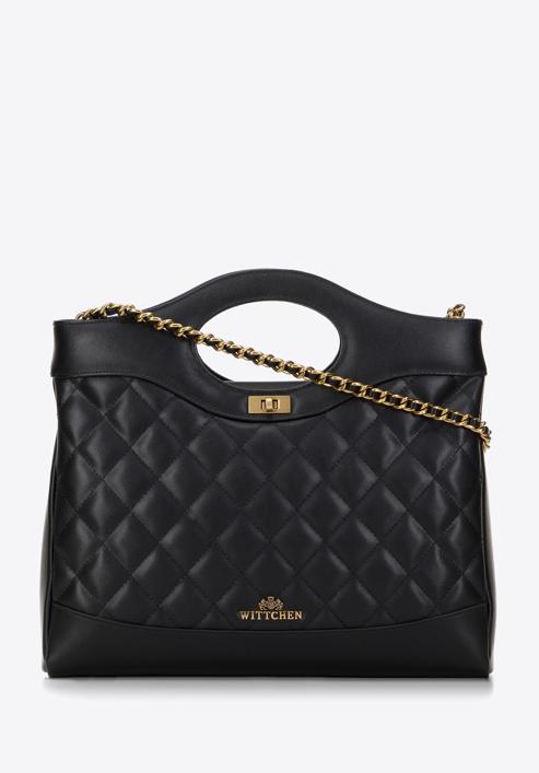 Prošívaná kožená dámská kabelka s řetízkem, černá, 98-4E-210-0, Obrázek 1