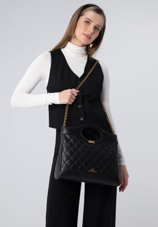 Prošívaná kožená dámská kabelka s řetízkem, černá, 98-4E-210-1, Obrázek 1