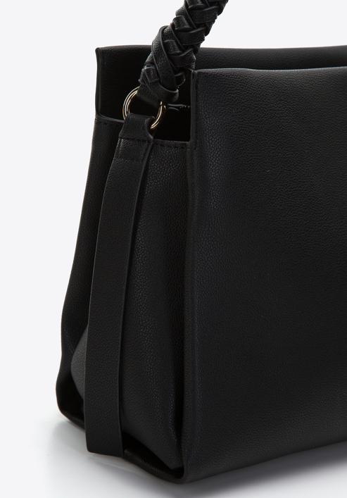 Tříkomorová dámská kabelka z ekologické kůže s pleteným uchem, černá, 97-4Y-515-1, Obrázek 4