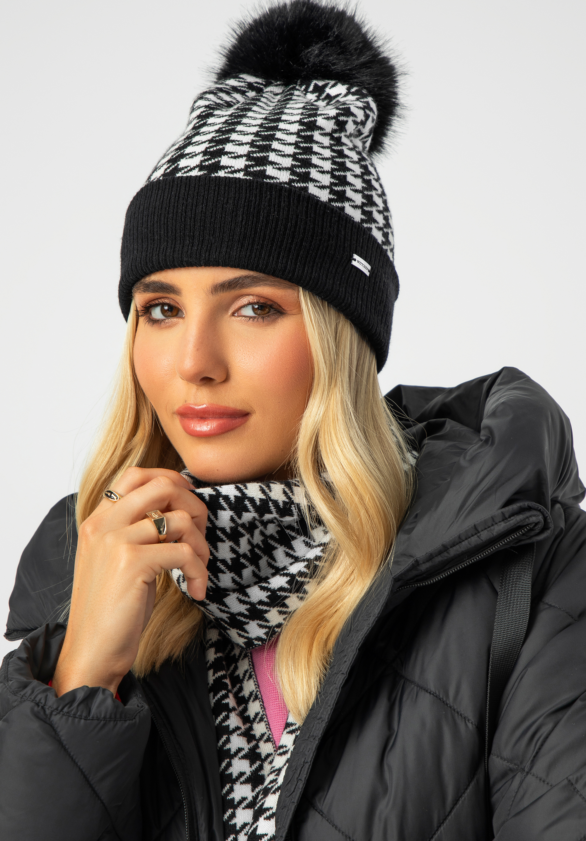 Dámský zimní set se vzorem houndstooth, černo-bílá, 99-SF-014-1, Obrázek 1