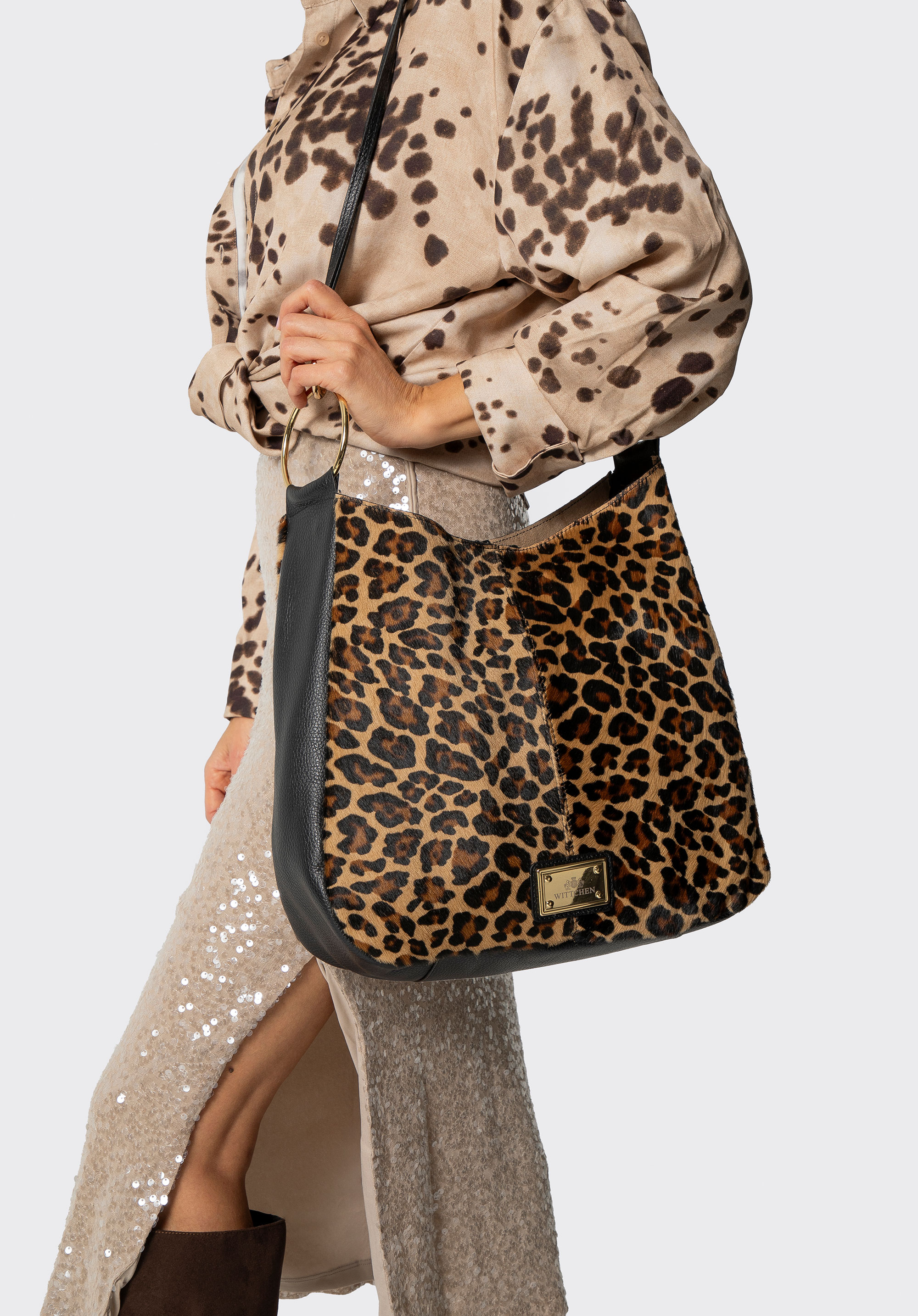 Kožená hobo kabelka s vlasovým povrchem a zvířecím potiskem, černo-hnědá, 102-4E-005-4, Obrázek 1