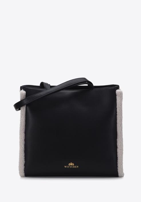 Kožená dvoukomorová dámská kabelka  s ekologickou kožešinou, černo-krémová, 97-4E-605-4, Obrázek 1