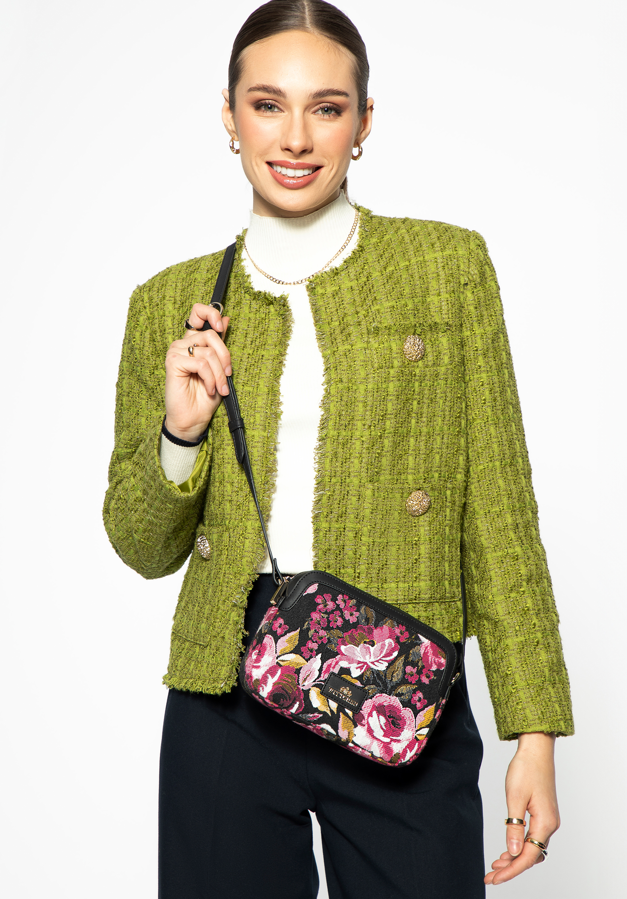 Dámská crossbody kabelka z žakáru a umělé kůže, černo-růžová, 99-4E-503-X10, Obrázek 1