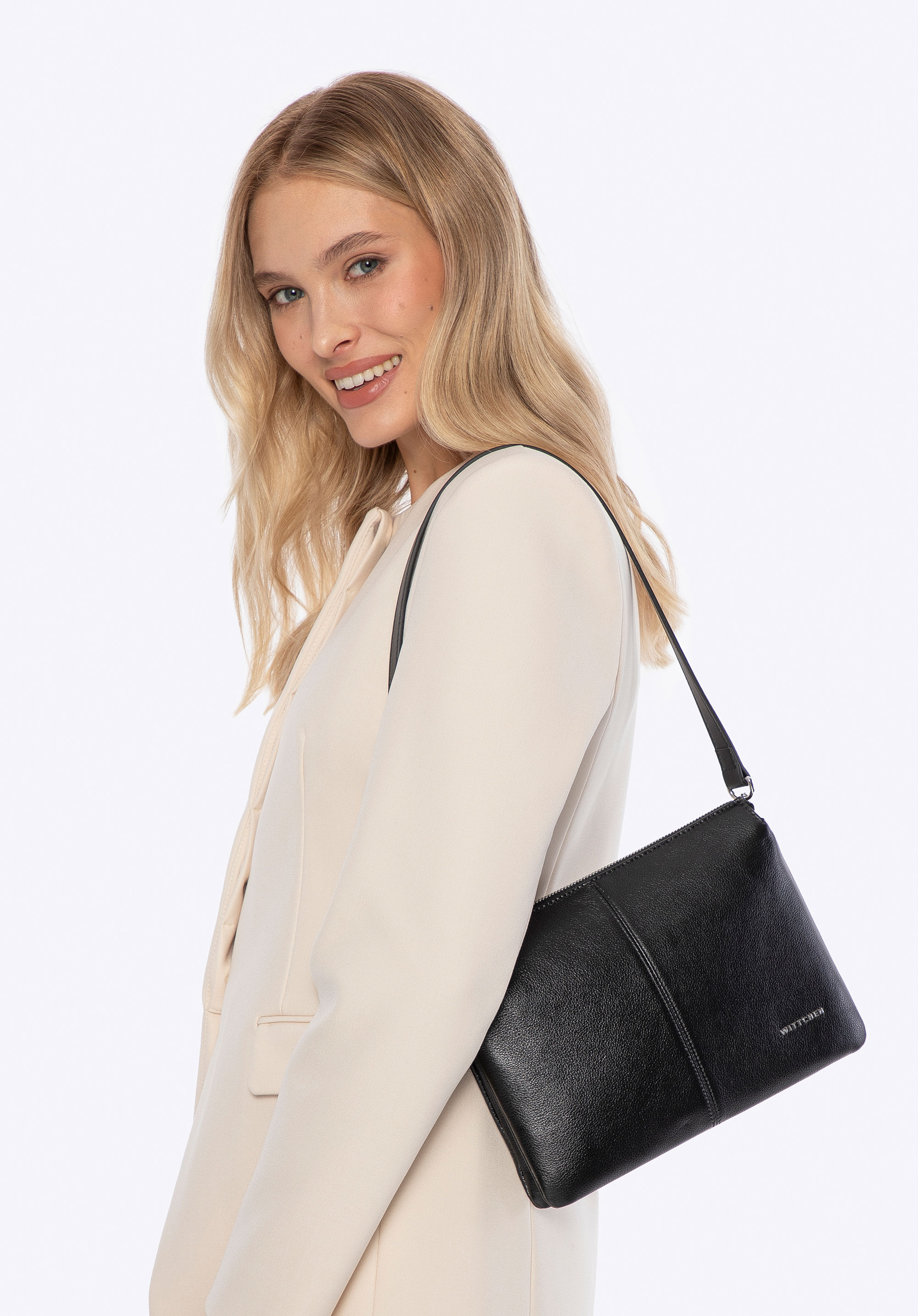 Klasická kožená crossbody kabelka se dvěma přihrádkami, černo-stříbrná, 101-4E-607-1S, Obrázek 1