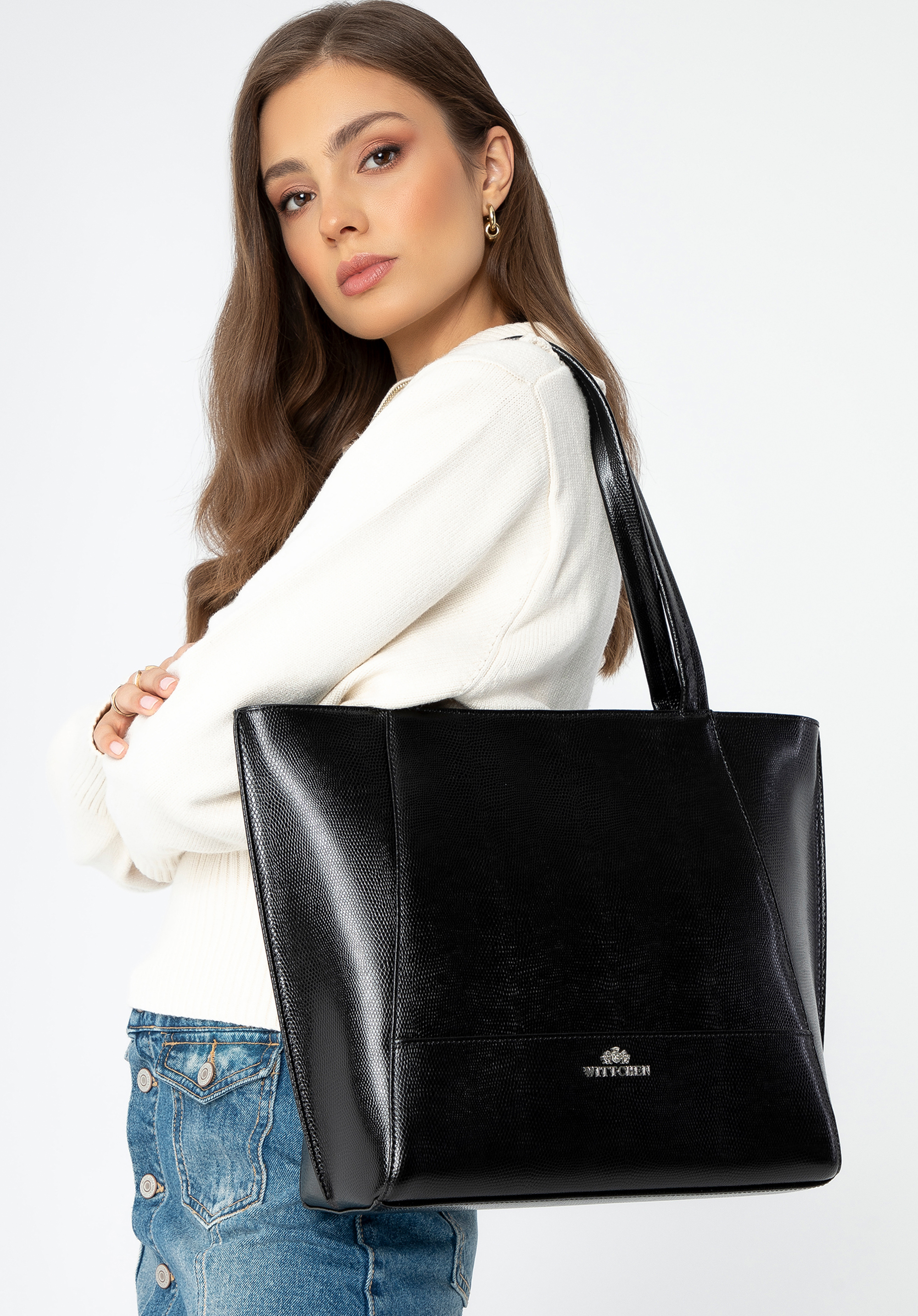 Nákupní taška z kůže s ještěří texturou a ozdobným prošíváním, černo-stříbrná, 29-4E-626-1S, Obrázek 1