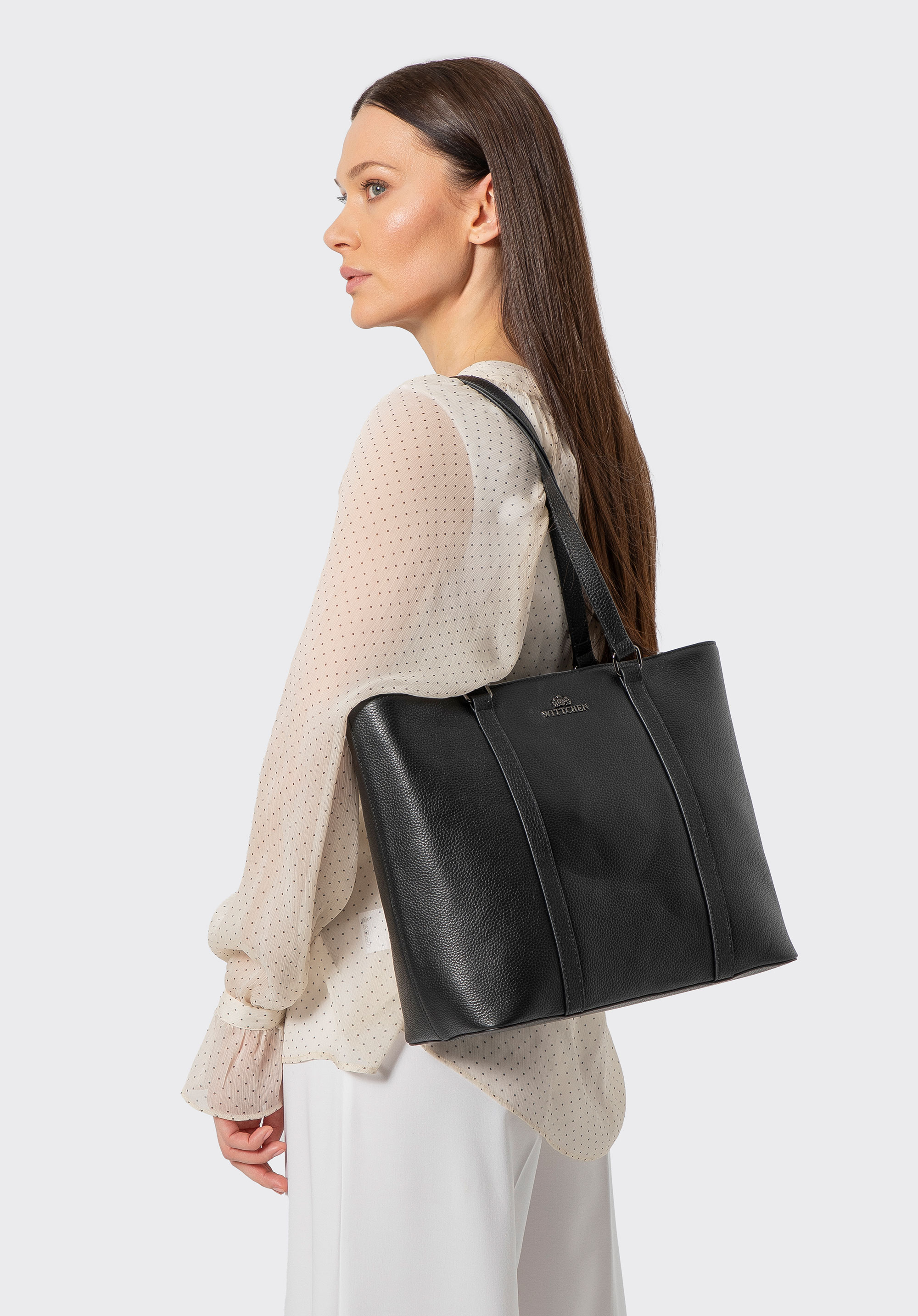 Stylová kožená nákupní taška, černo-stříbrná, 102-4E-209-1S, Obrázek 1