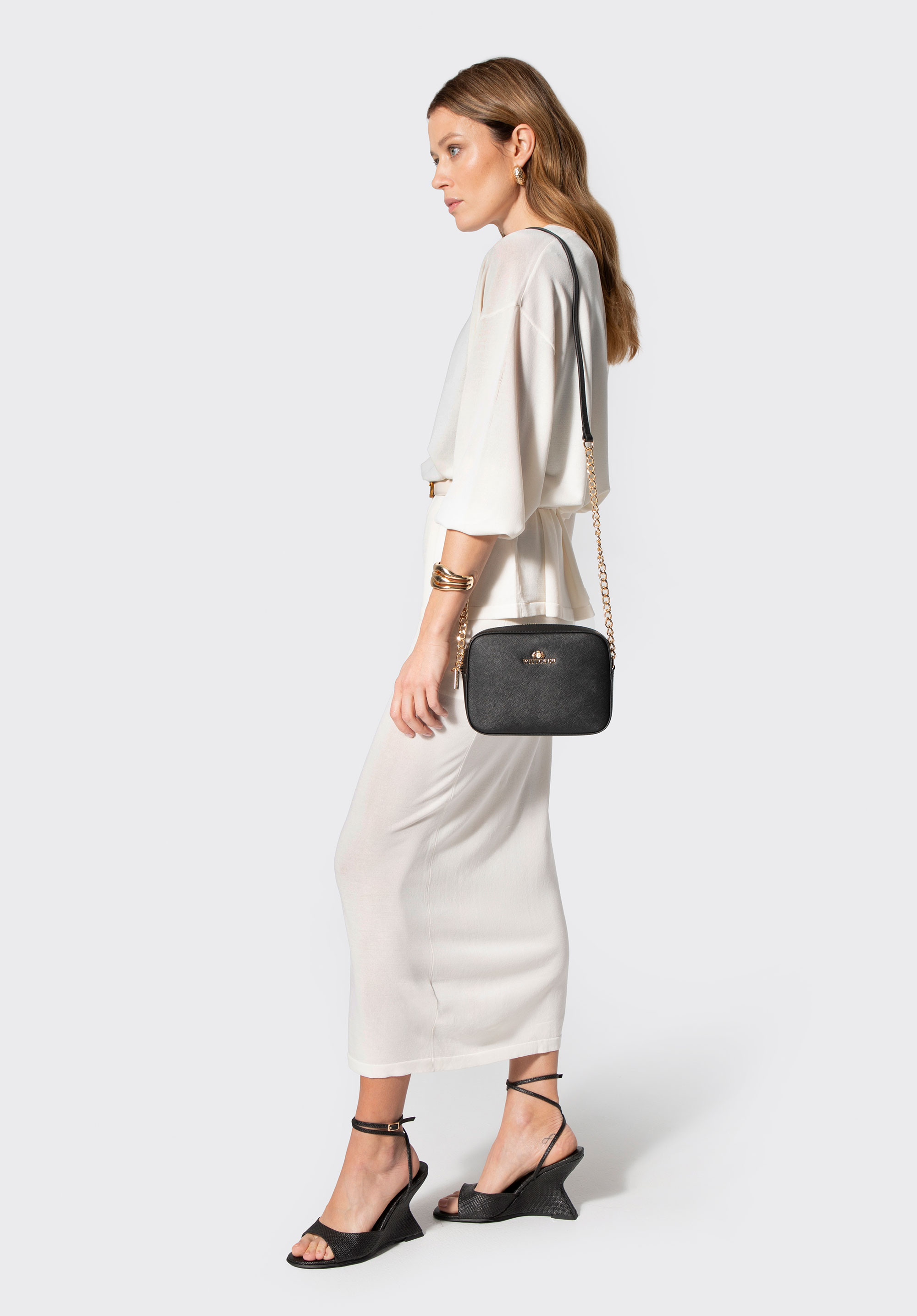 Crossbody kabelka z koženého řetízku Saffiano, černo-zlatá, 29-4E-019-1G, Obrázek 1