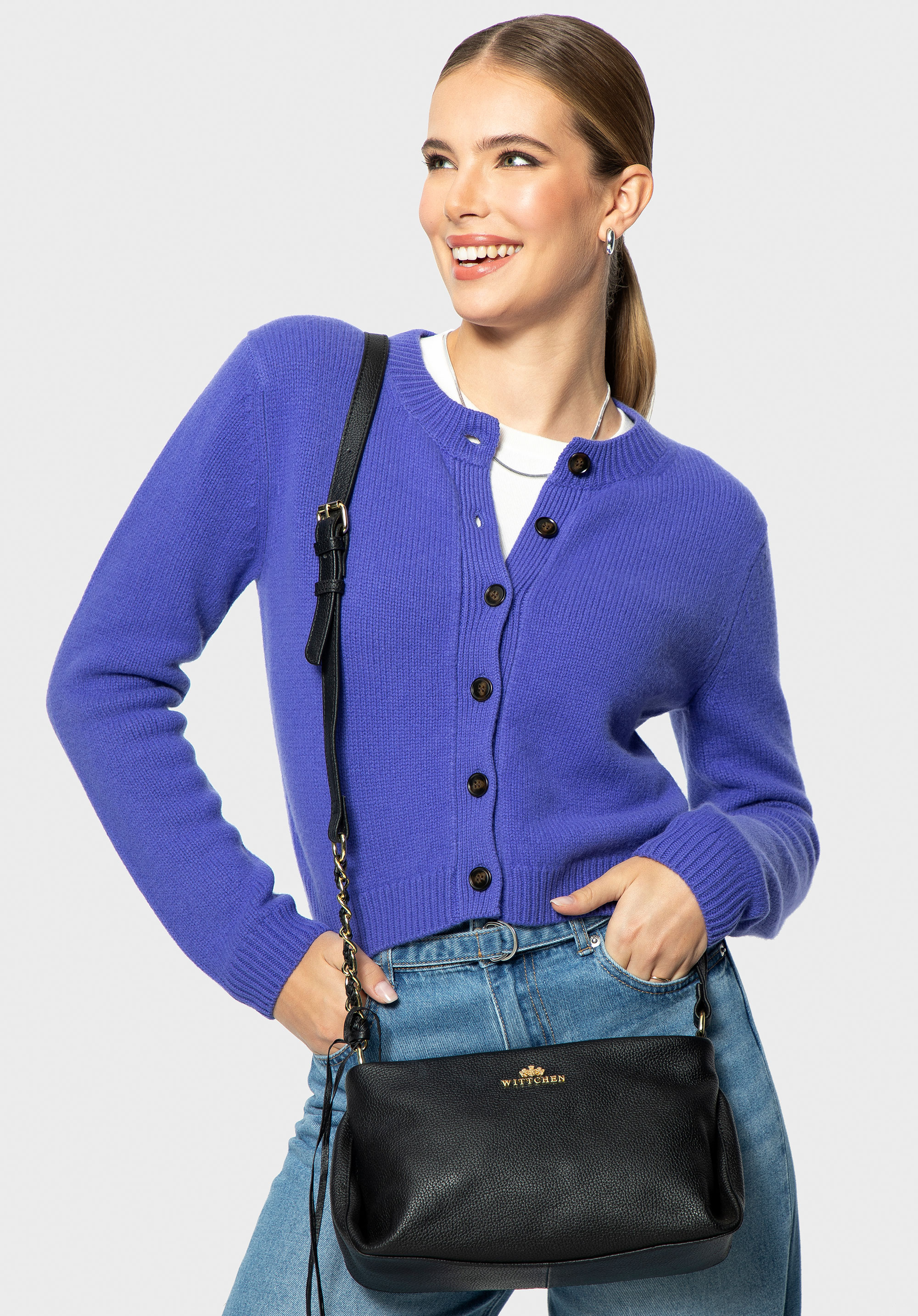 Dámská kožená crossbody kabelka s ozdobnými detaily, černo-zlatá, 99-4E-009-1G, Obrázek 1