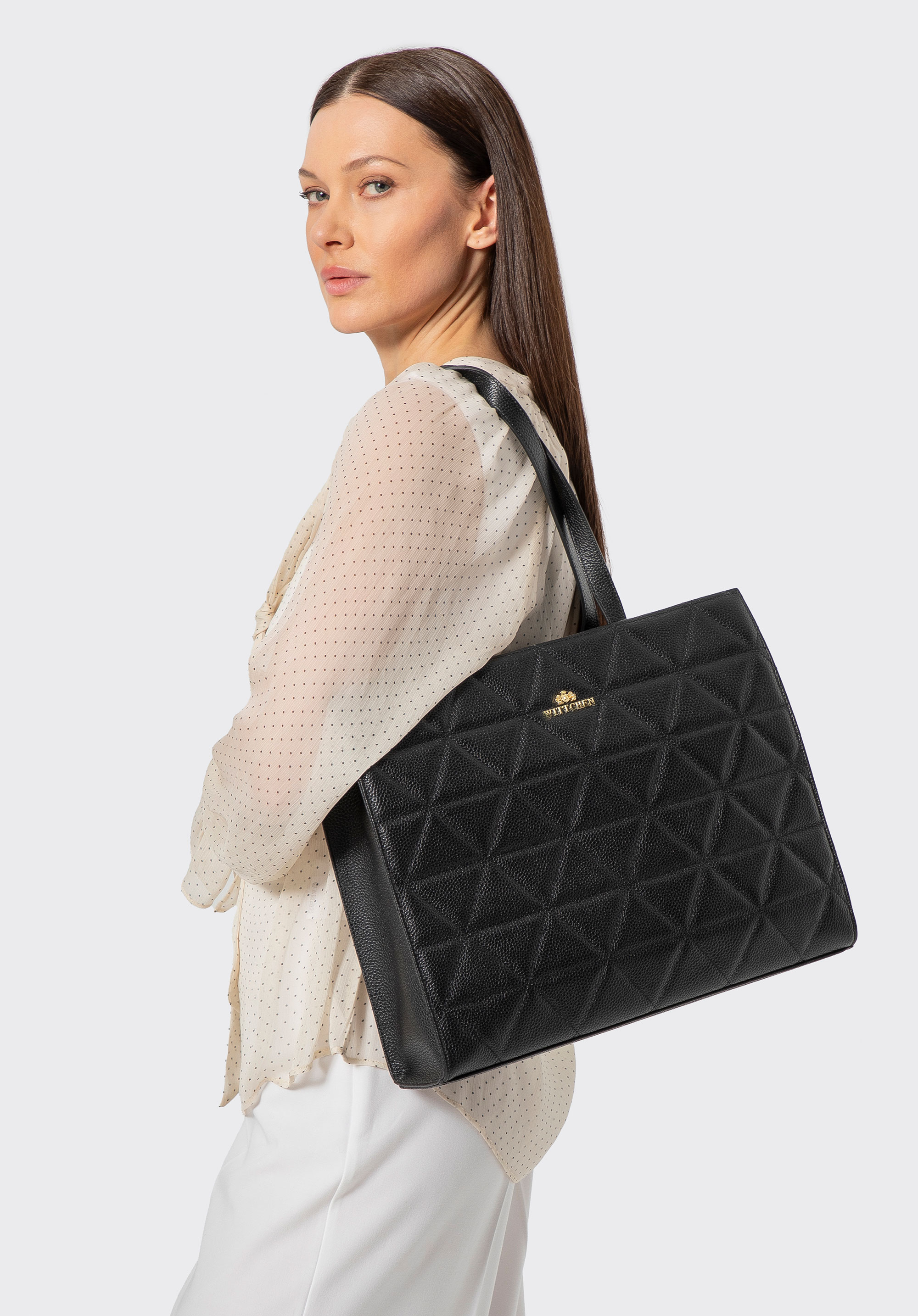 Dámská prošívaná kožená shopper taška, černo-zlatá, 100-4E-613-1G, Obrázek 1