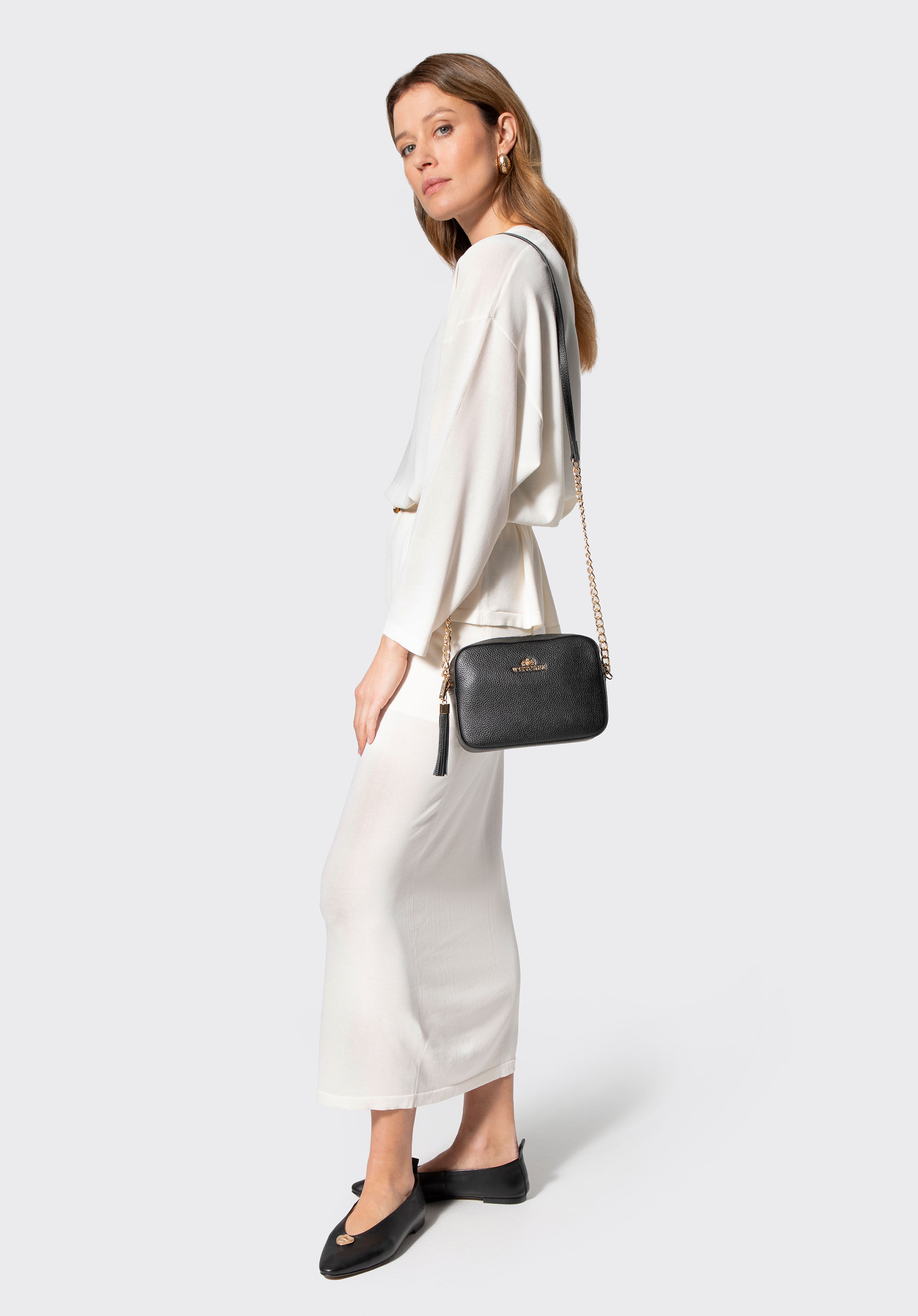 Dámská řetízková kožená crossbody kabelka, černo-zlatá, 29-4E-015-1G, Obrázek 1