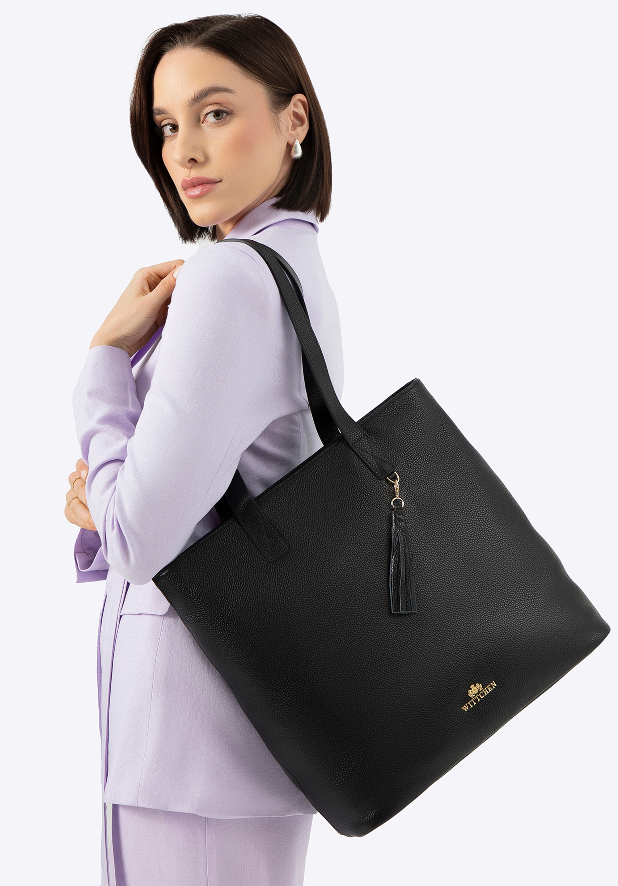 Dámská vertikální kožená shopper taška, černo-zlatá, 100-4E-622-1G, Obrázek 1