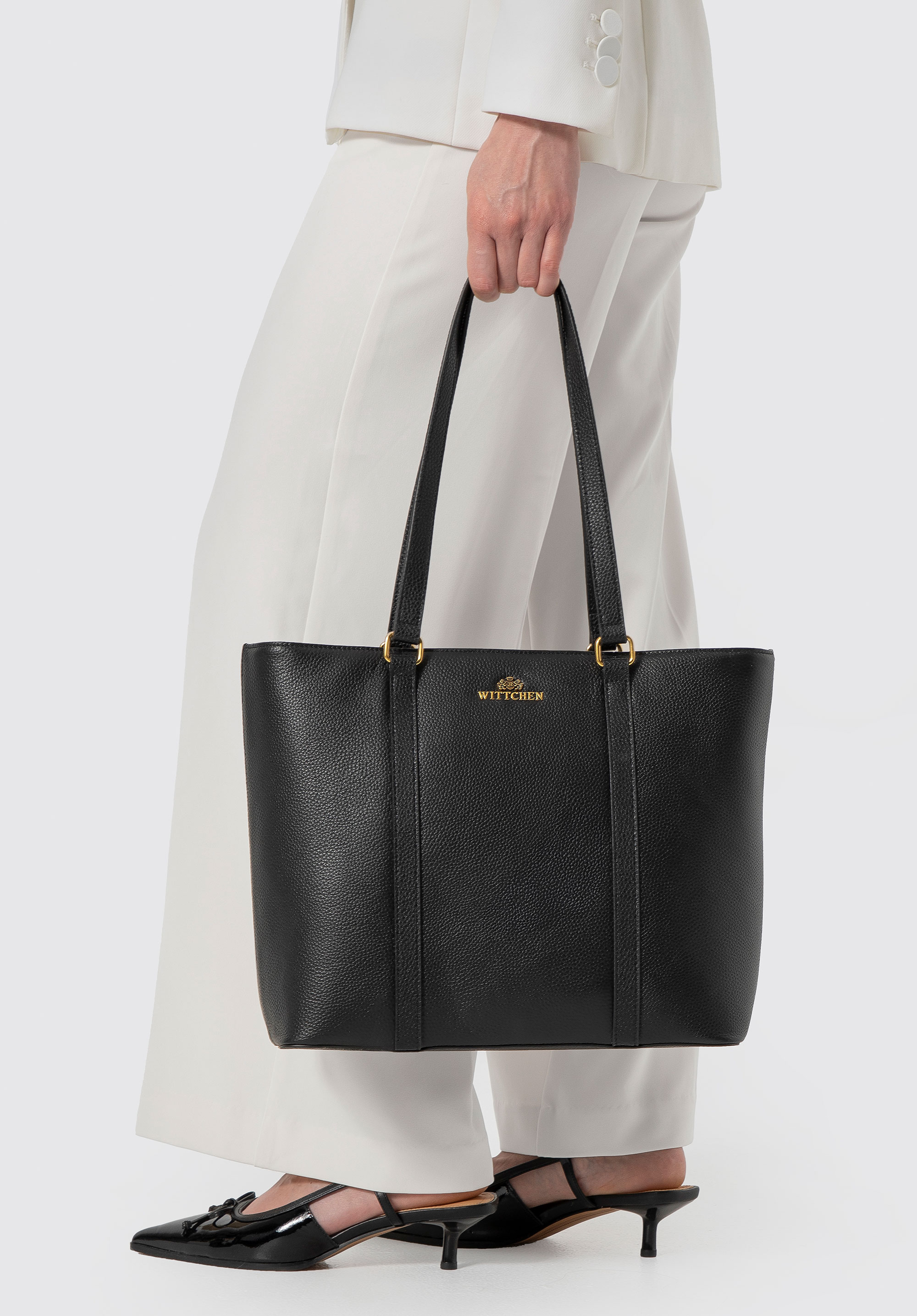 Stylová kožená nákupní taška, černo-zlatá, 102-4E-209-1G, Obrázek 1