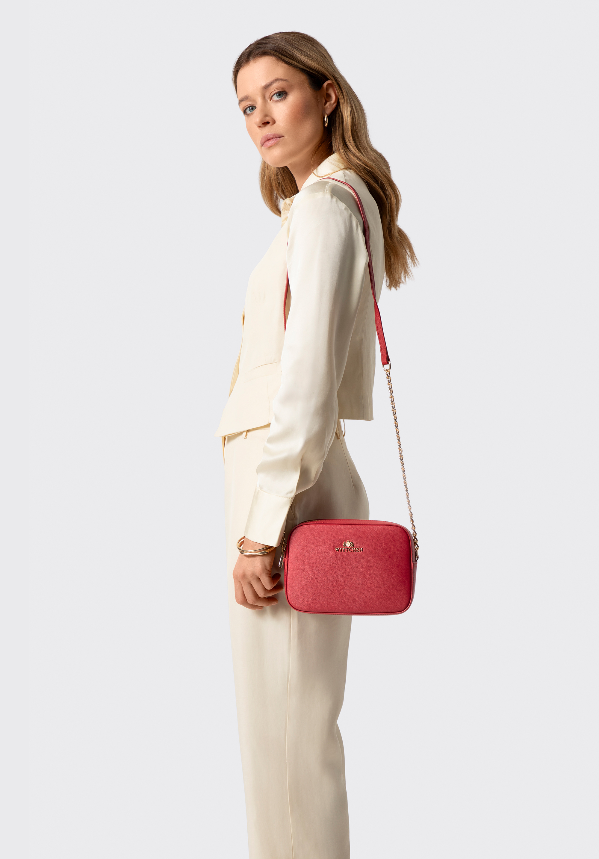 Crossbody kabelka z koženého řetízku Saffiano, červená, 29-4E-019-3, Obrázek 1