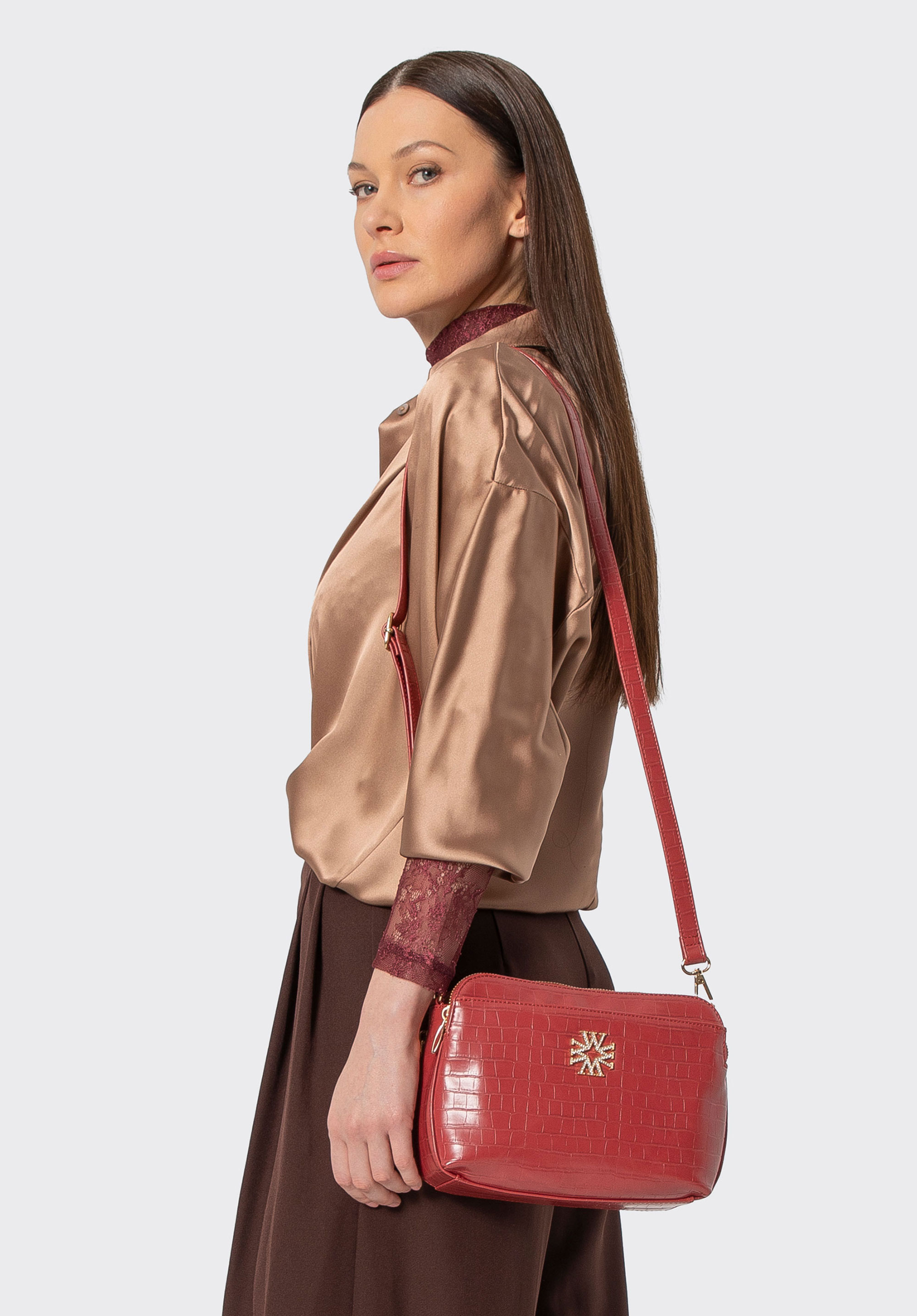 Crossbody kabelka z umělé kůže s efektem Croc, červená, 29-4Y-017-B3, Obrázek 1