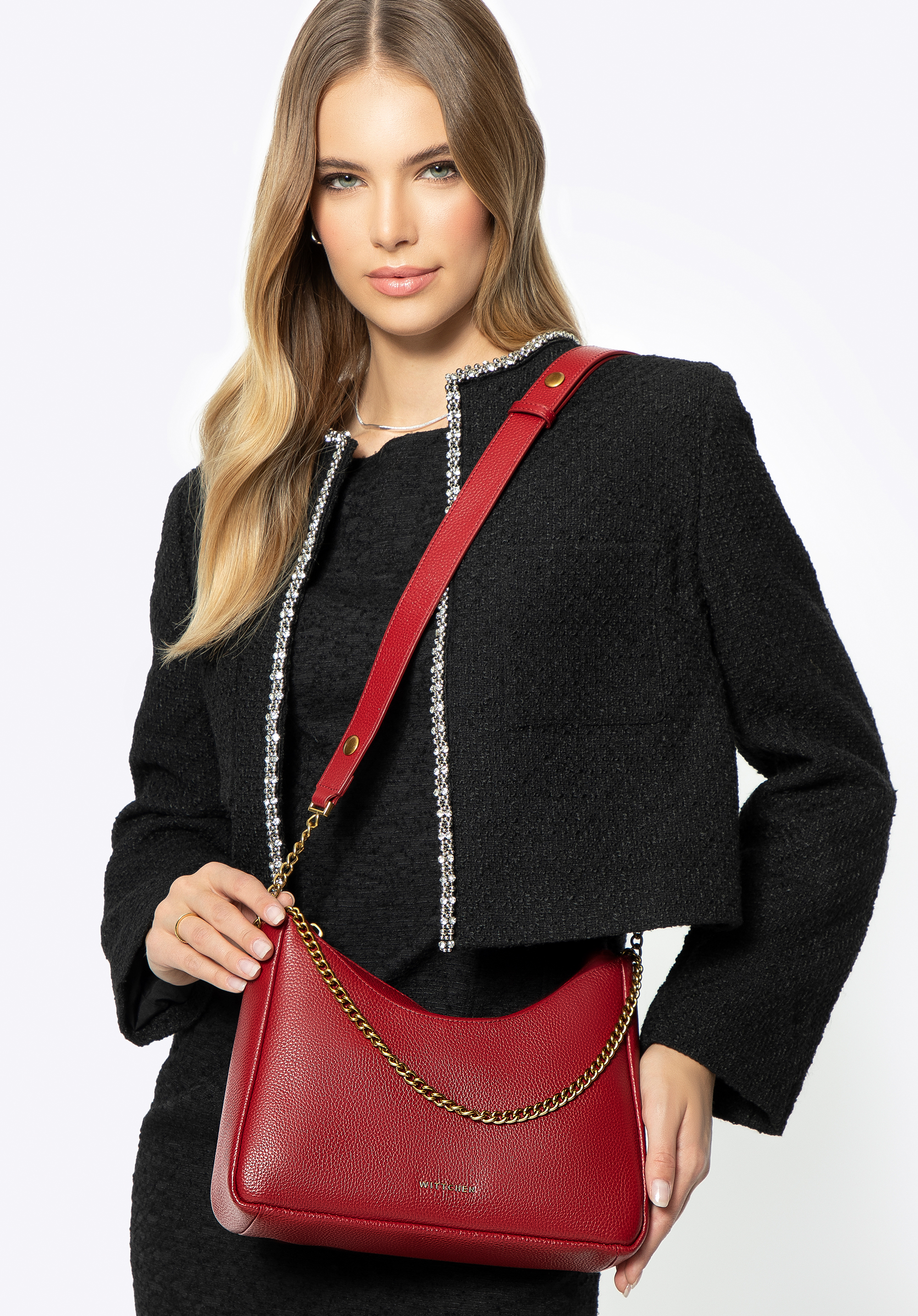 Dámska kožená bageta taška, červená, 100-4E-606-3, Obrázok 1