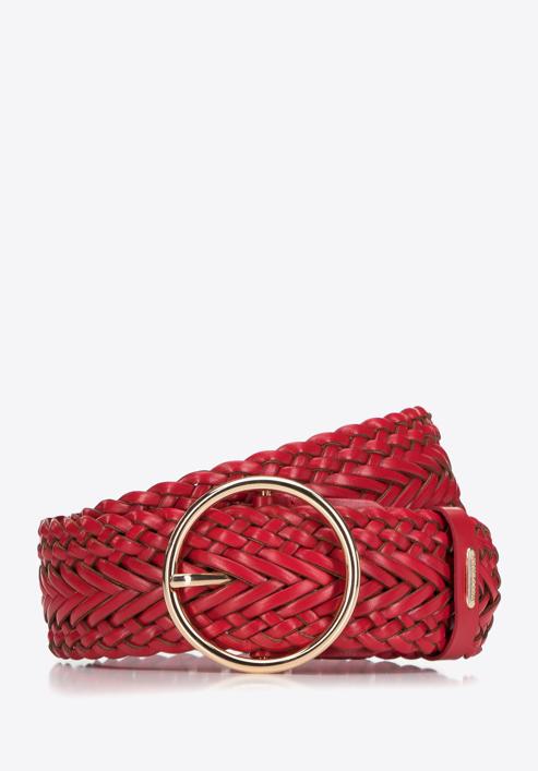 Dámský pletený kožený pásek s kulatou sponou, červená, 98-8D-106-4-M, Obrázek 1