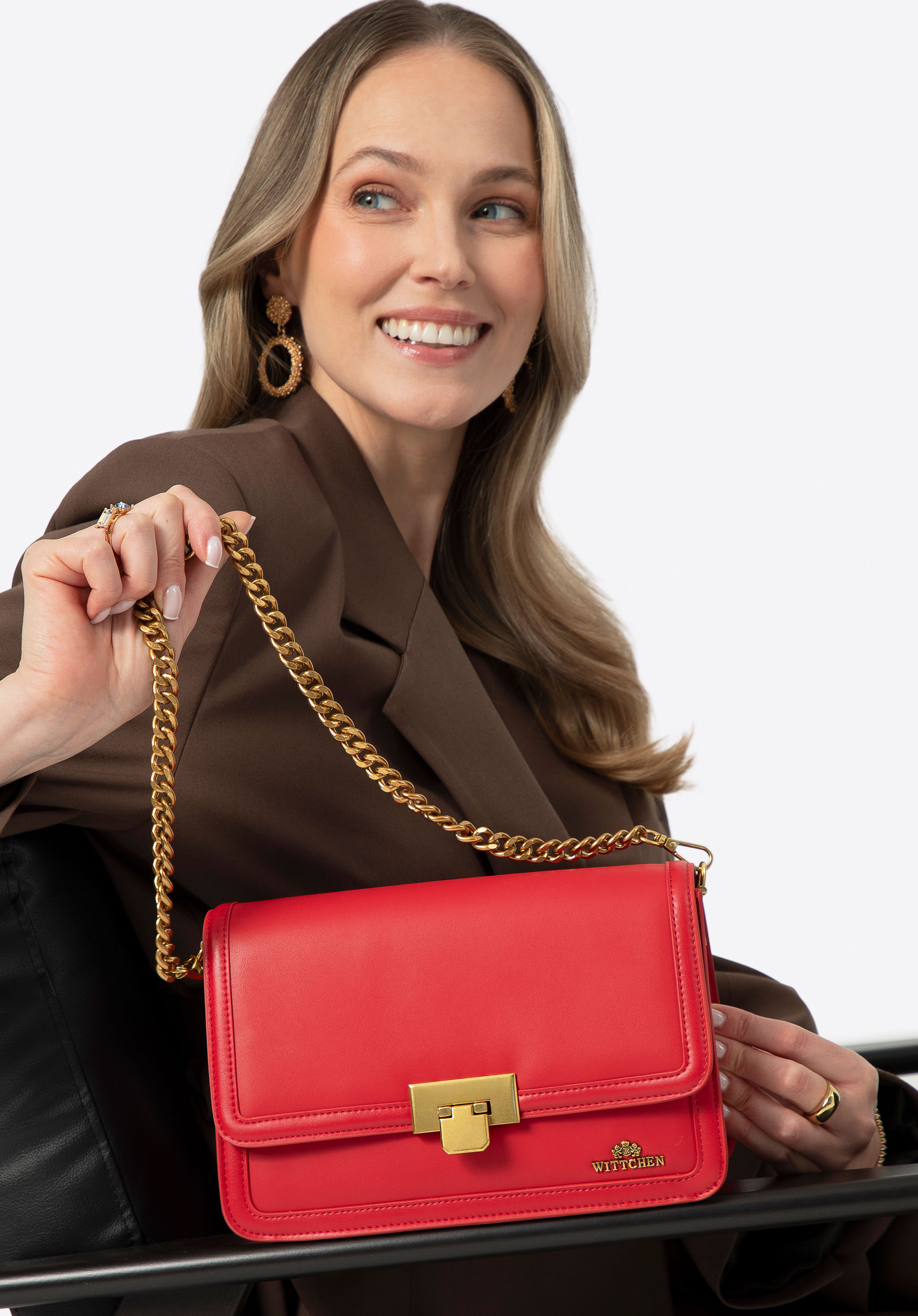 Kožená crossbody kabelka s odnímatelným řetízkovým popruhem, červená, 100-4E-207-3, Obrázek 1