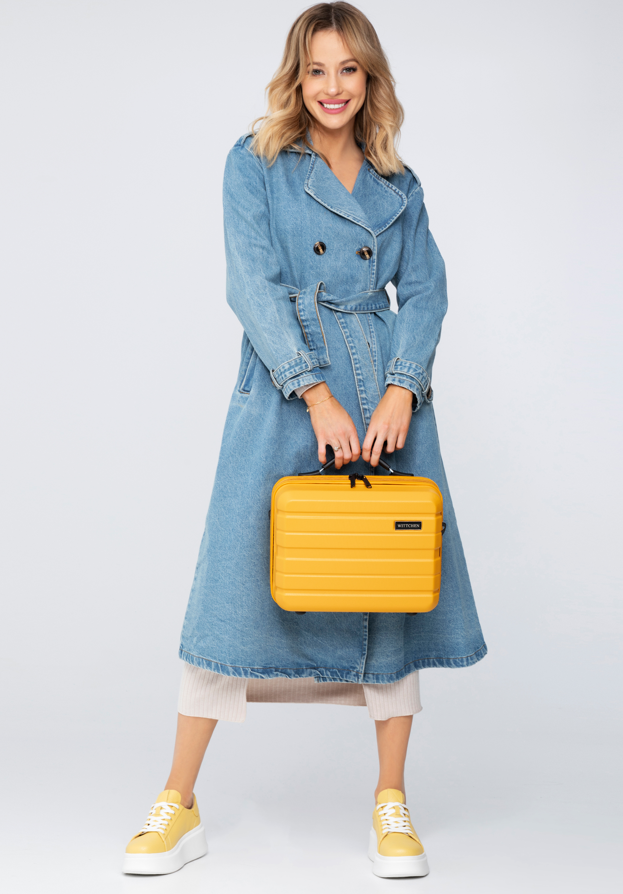 Cestovní žlutá kosmetická taška z ABS s vodorovnými pruhy