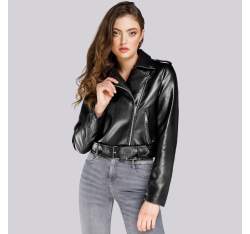 Женская укороченная байкерская куртка, черно-серебряный, 94-9P-105-1S-XL, Фотография 1