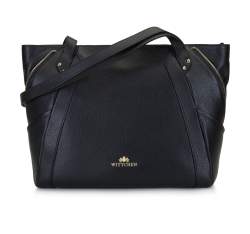 Кожаная сумка-шоппер с декоративной застежкой-молнией, черно-золотой, 92-4E-646-1, Фотография 1