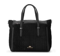 Кожаная сумка с плетением на передней и боковой сторонах, черный, 93-4E-212-1, Фотография 1