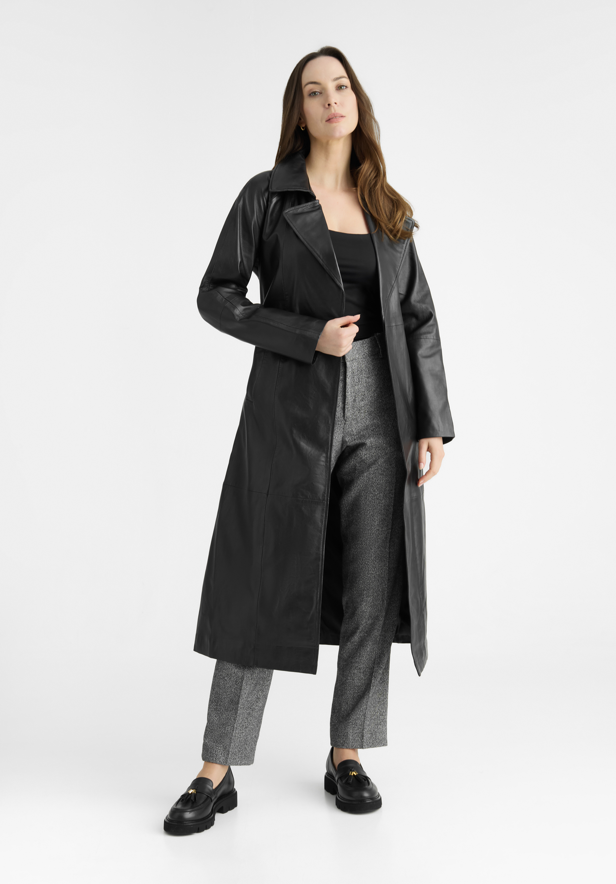 Жіноче шкіряне пальто з ременем, чорний, 100-09-803-1-M, Фото 1