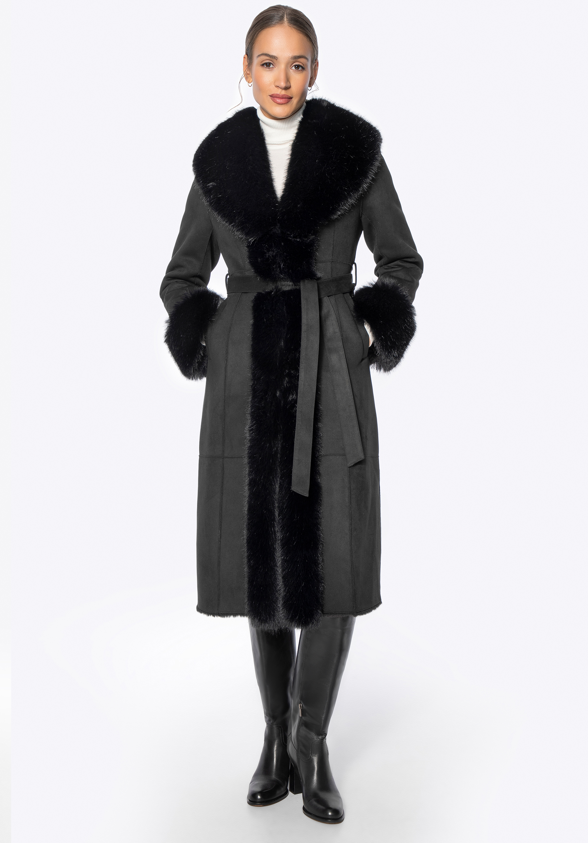 Жіноче пальто з деталями зі штучного хутра, чорний, 101-9W-003-1-L, Фото 1