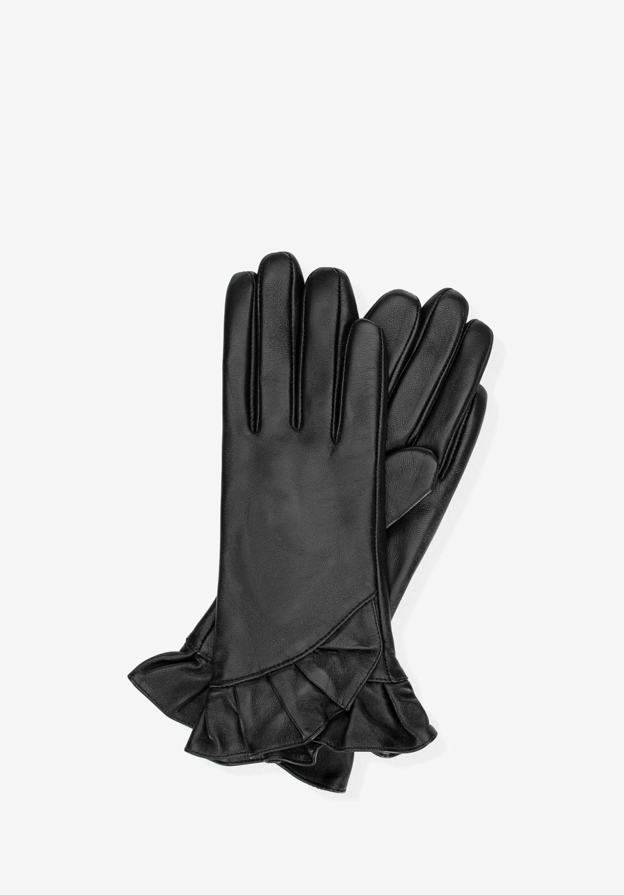 Жіночі шкіряні рукавички з декоративною рюшею, чорний, 39-6L-032-1-M, Фото 1