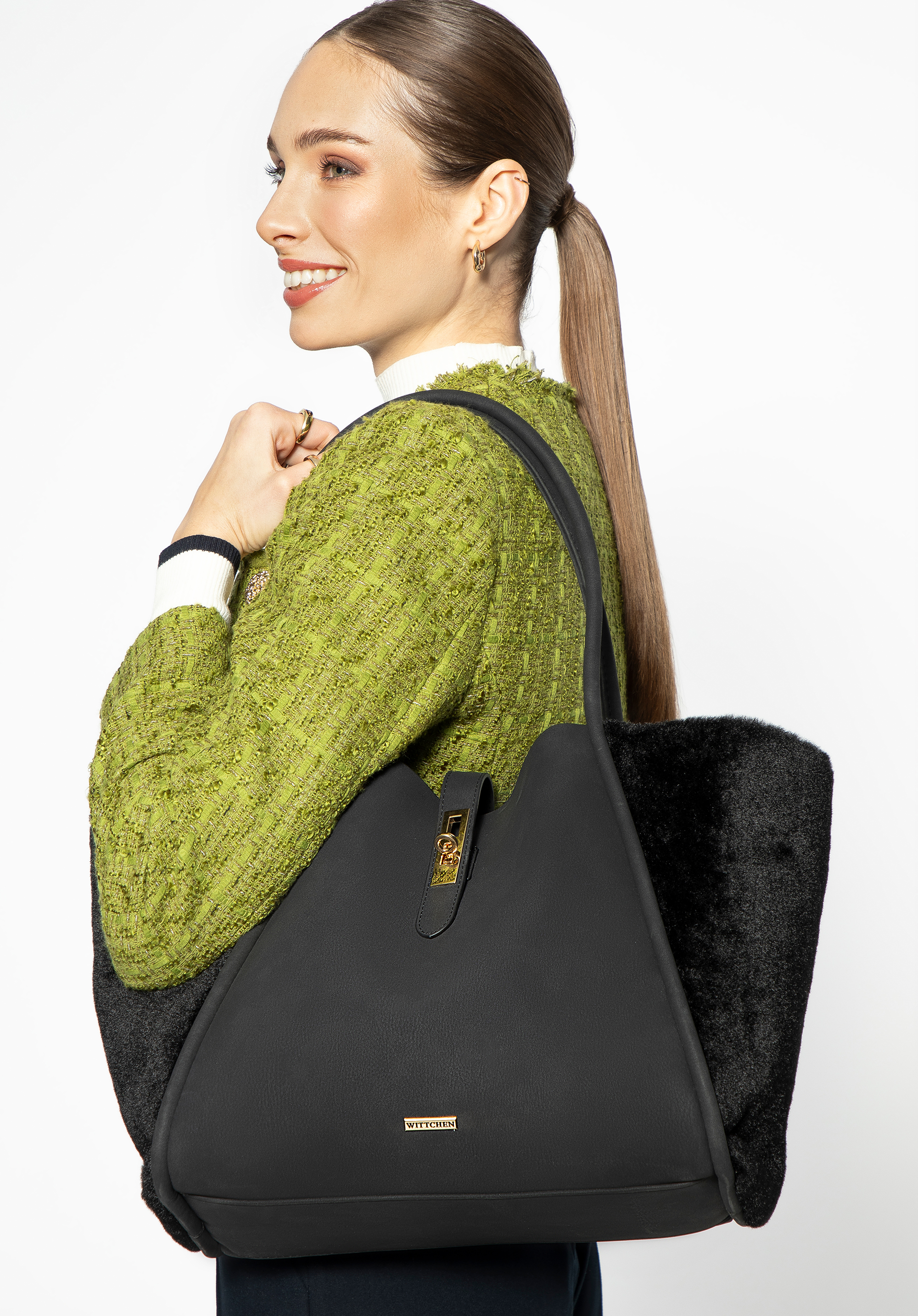 Жіноча сумка-шоппер зі штучної шкіри зі штучним хутром, чорний, 99-4Y-219-1, Фото 1