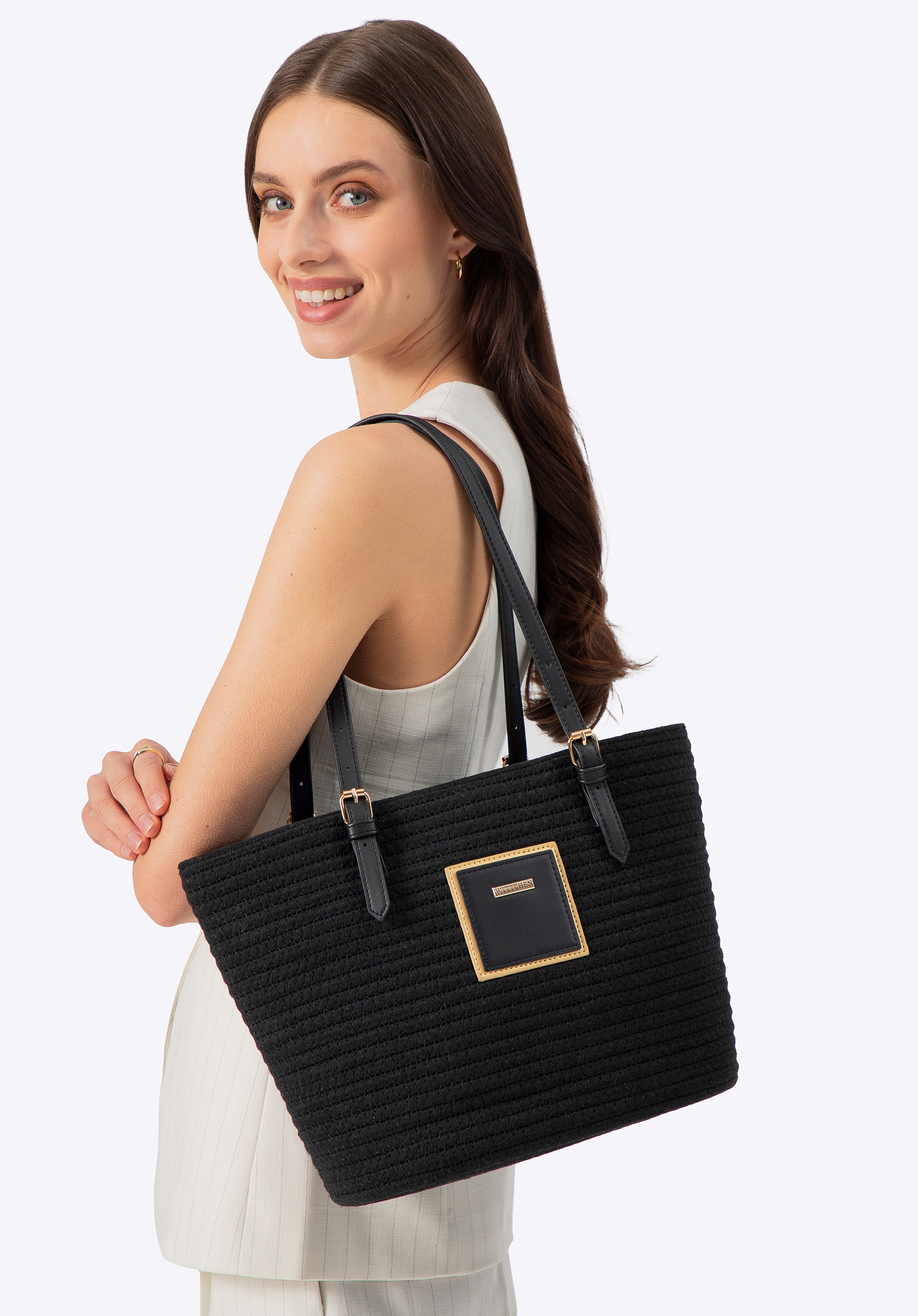 Жіноча сумка-кошик з домішкою бавовни, чорний, 100-4Y-901-1, Фото 1