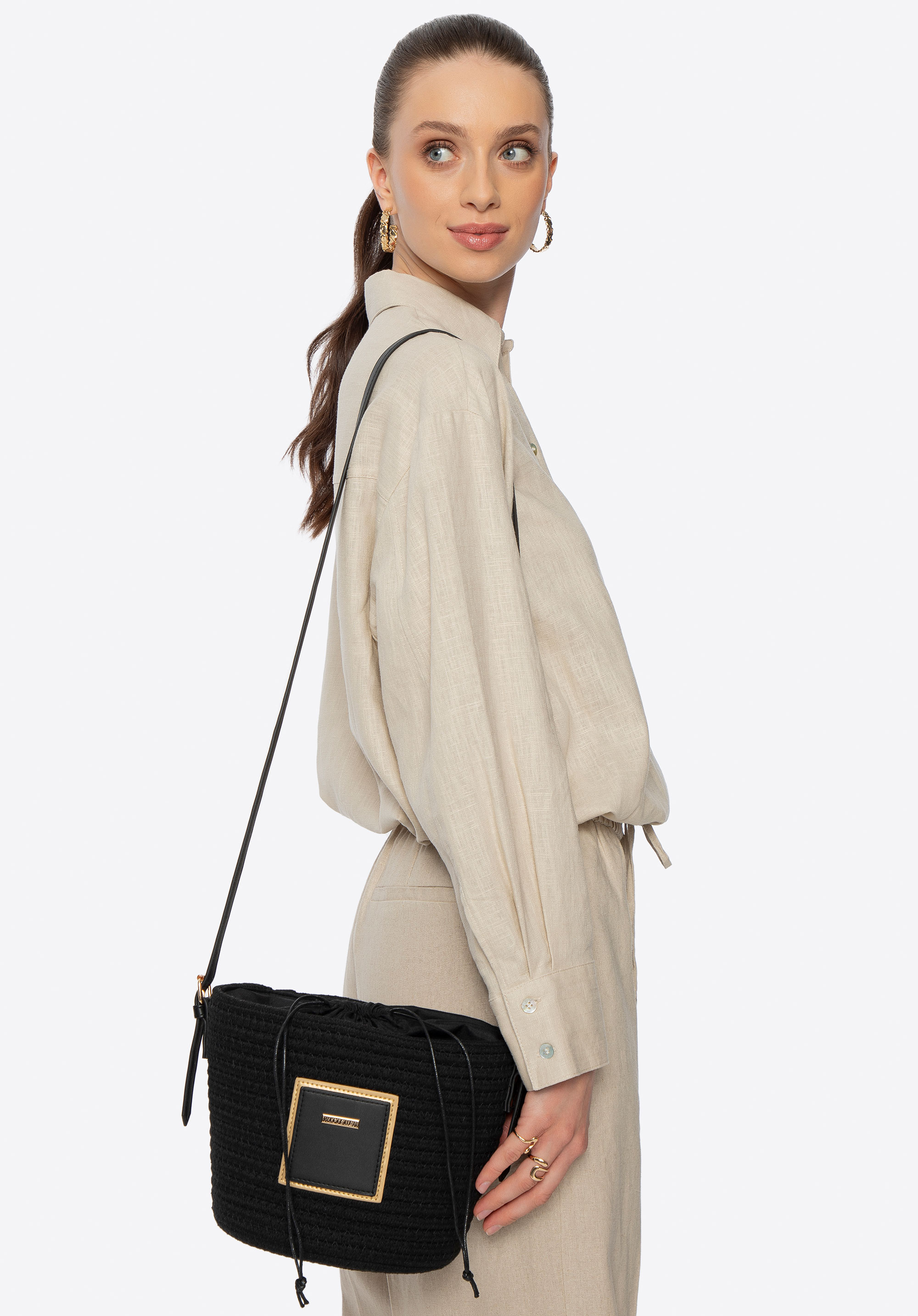 Жіноча сумка-кошик з домішкою бавовни маленька, чорний, 100-4Y-902-1, Фото 1