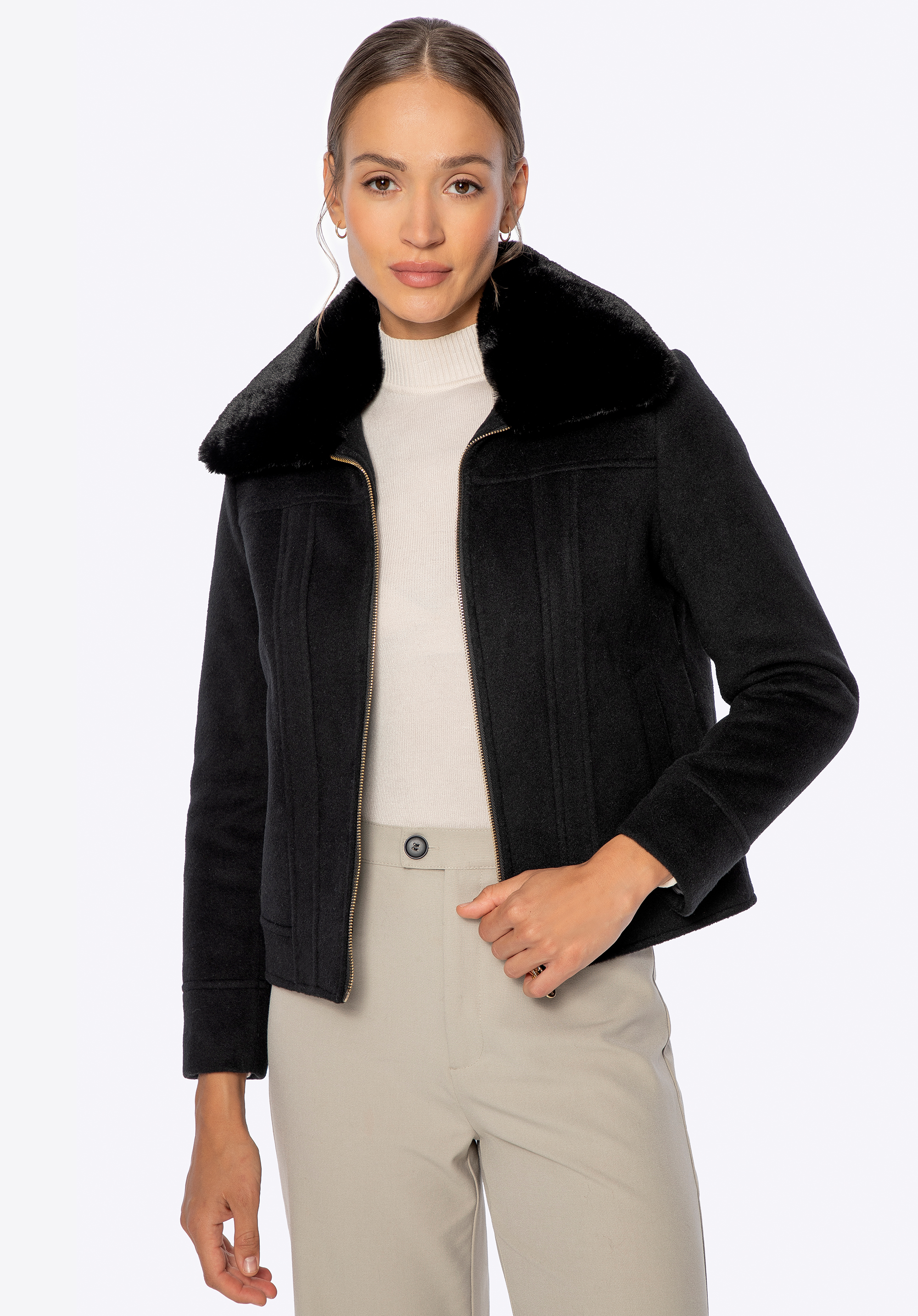 Коротка куртка зі знімним коміром зі штучного хутра, чорний, 101-9X-300-1-XL, Фото 1