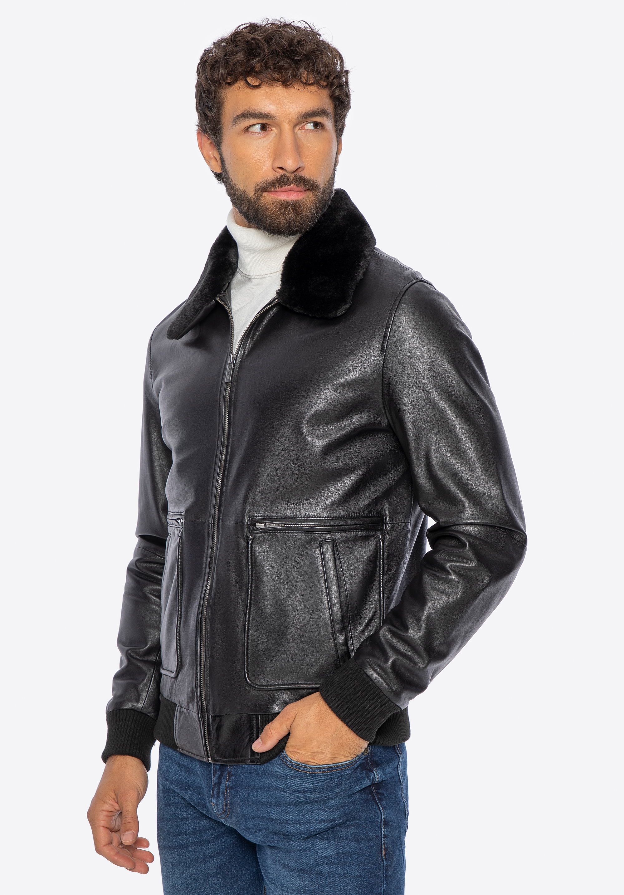 Чоловіча шкіряна куртка з коміром зі штучного хутра, чорний, 101-09-851-1-XL, Фото 1